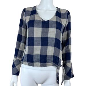 Cloth & Stone Size XS Blue Plaid Gauzy Cotton Bell Sleeve Peasant Shirt Blouse